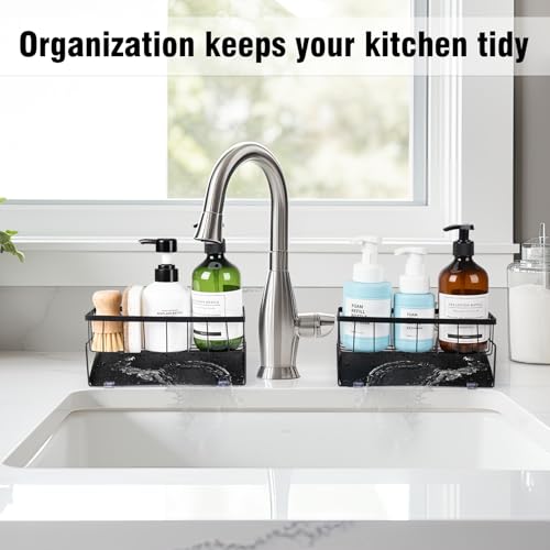 Kitchen Sink Caddy Countertop, 9.06" Rust-Proof Metal Sponge Holder for Kitchen Sink Counter,Drainage Caddy for Countertop with Angled Tray (Black)