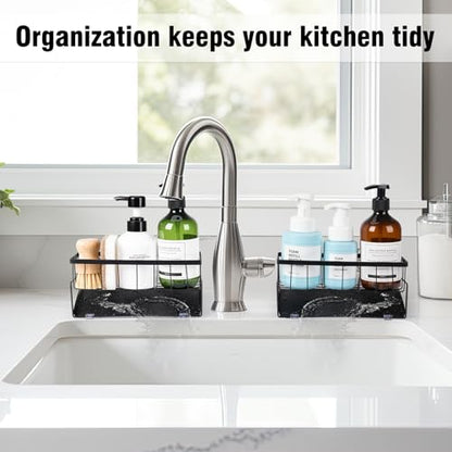 Kitchen Sink Caddy Countertop, 9.06" Rust-Proof Metal Sponge Holder for Kitchen Sink Counter,Drainage Caddy for Countertop with Angled Tray (Black)