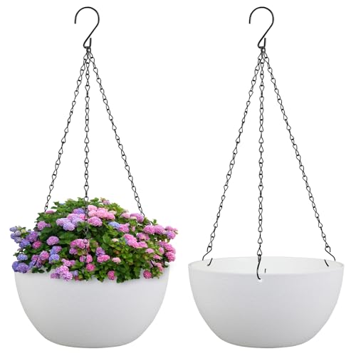 Meowell 10 inch Hanging Planters for Indoor Outdoor Plants, 2 Pack Hanging Flower Pots with Drainage Holes and Chain for Garden Balcony Porch, Round Plastic Hanging Baskets for House Plants, White - color: White, size: 10inch 2pcs