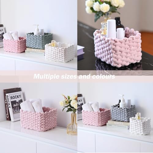hand-knitted velvet rope storage basket set of 3 - soft cotton rope desktop cosmetics organizer box - nesting multi-functional storage basket (pink) - color: Light Pink
