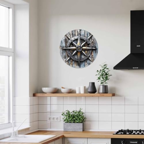 Yukro 14 Inch Retro Compass Wall Clock, Navigation Compass Wood Grain Battery Operated Silent Non Ticking Clocks, Easy to Read Round Wall Clock for Kitchen/Living Room/Bedroom/Office - color: Light Beige Gray Tan, size: 14 Inch