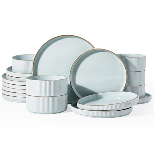 Famiware Stoneware Dishes Dinnerware Sets for 6, Plates and Bowls with Trim | 18pc Ceramic Dinner Set with Lipped Edges, Chip & Scratch Resistant , Microwave & Dishwasher Safe, Everyday Formal Use, Blue - color: Light Blue, size: Service for 6