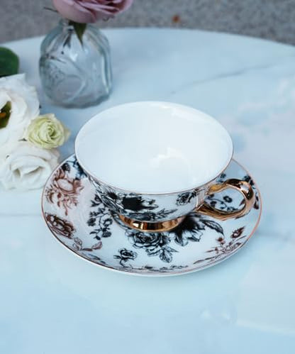 Bone China Tea Cup and Saucer Set with Spoon，Elegant Floral Tea Cup Set (7 oz)，British Coffee Latte Mug for Birthday Party Christmas gift for Friends - color: flower-B05