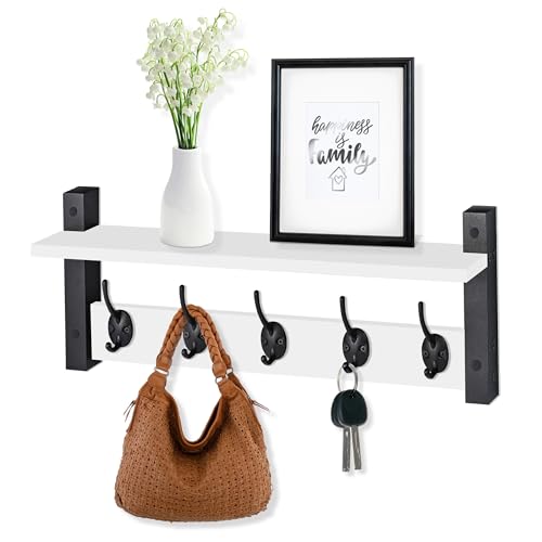 Sorbus Coat Hooks Wall Mount with Shelf – 24 Inch Coat Rack Wall Mount with 5 Heavy Duty Hooks – Floating Wall Shelf with Hooks for Entryway, Bathroom, Bedroom, Kitchen, or Mudroom (White) - color: White, size: 24 Inch