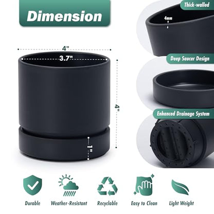 Phoenix Vine 4 Inch Planter Pot with Drainage Hole & Saucer, Deep Water Catch Tray, Straight Cylindrical Round Pot for Plants, Matte Black, Pack of 1, 23-C-R-1 - color: Matte Black, size: 4" (1 Pack)