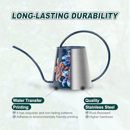 Berry&Bird 2L Long Spout Watering Can, Stainless Steel (Lilium Brownii) | 2L stainless steel watering can, long narrow spout, elegant print, curved handle, leakproof, houseplant watering & decor - color: Lilium Brownii