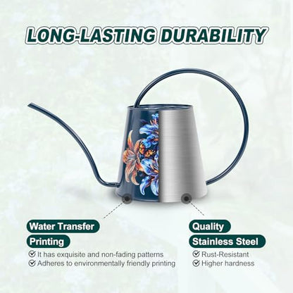 Berry&Bird 2L Long Spout Watering Can, Stainless Steel (Lilium Brownii) | 2L stainless steel watering can, long narrow spout, elegant print, curved handle, leakproof, houseplant watering & decor - color: Lilium Brownii