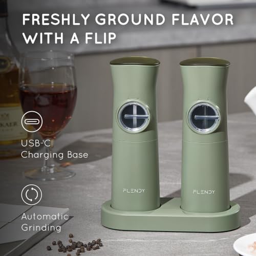 Flendy Gravity Electric Salt and Pepper Grinder Set with Charging Base | USB-C Charging Base, Gravity-Activated, Automatic, Rechargeable, Dust Cover, Large Capacity, Slim, Kitchen Housewarming Gift - color: Sage