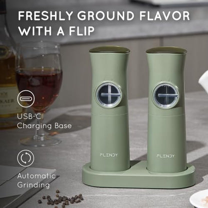 Flendy Gravity Electric Salt and Pepper Grinder Set with Charging Base | USB-C Charging Base, Gravity-Activated, Automatic, Rechargeable, Dust Cover, Large Capacity, Slim, Kitchen Housewarming Gift - color: Sage