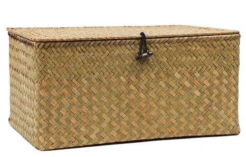 Seagrass Wicker Storage Basket with Lid, X-Large, Natural | Extra Large Box, Shelf Organizer, Rectangular Woven Bin, Multipurpose Home Storage, Natural Decor, 14.3 x 9.4 x 6.9 - color: Natural, size: 14.3" x 9.4" x 6.9"