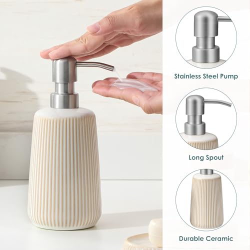 vancasso Ceramic Bathroom Accessories Set 4 Piece, Soap Dispenser with Stainless Steel Pump, Toothbrush Holder, Tumbler and Soap Dish, Modern Relief Design, Bathroom Decor Organizer, Beige-White - style: Beige-White
