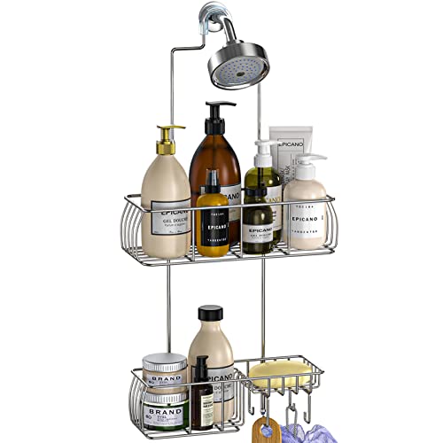 Epicano Shower Caddy Hanging Over Head, Chrome,Stainless Steel | Rustproof,4 Hooks for Towels,Sponge and & Bathroom Accessories,Anti-Swing Suction Cups & Adhesive hooks - color: Silver