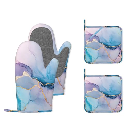 Golden Marble Pink Purple Blue Heat-Resistant Silicone Oven Mitts and Pot Holders,Long Oven Gloves with Non-Slip Grip for Cooking, Baking, Grilling,BBQ - color: Pink Purple Blue Golden Marble
