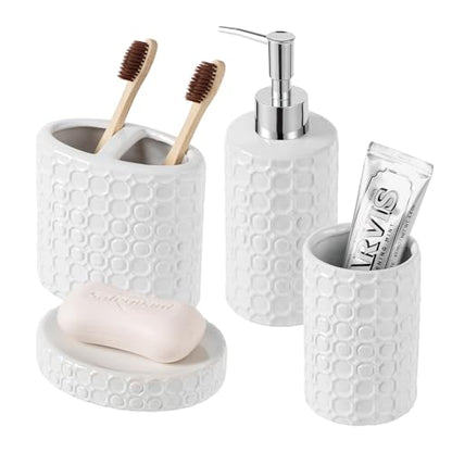 White Ceramic Bathroom Accessories Set, 4 Piece, Honeycomb Design with Soap Dispenser Pump, Tumbler, Toothbrush Holder, Soap Dish - color: White 005
