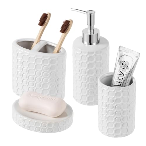 White Ceramic Bathroom Accessories Set, 4 Piece, Honeycomb Design with Soap Dispenser Pump, Tumbler, Toothbrush Holder, Soap Dish - color: White 005