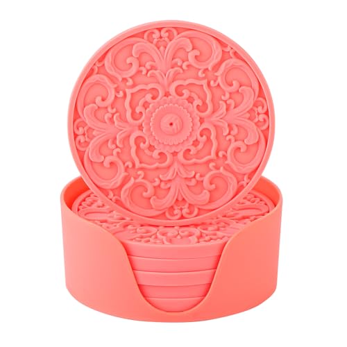 Colinda Silicone Coasters - Set of 6 with Holder, Non-Slip Cup Mats for Hot and Cold Drinks, Decorative Designs, Gift Ready Packaging, Coral Pink - color: Coral Pink