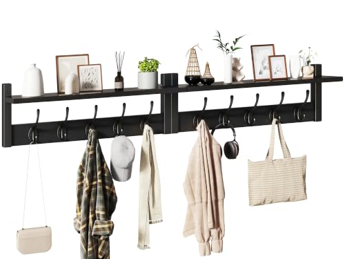 YMYNY 47.2" Coat Rack Wall Mount with Shelf and 10 Hooks, Black UHWS004B-2 | 2 Pack Coat Hooks Wall Mount, Wood Wall Mounted Coat Rack with Hooks, Coat Hanger Wall Mount, Wall Hooks for Hanging - color: Black