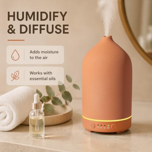 200ML Ceramic Essential Oil Diffuser for Home, Stone Diffuser | Ultrasonic Aromatherapy Diffuser & Air Humidifier for Bedroom, Office, Yoga, 7 LED Lights, Auto Shut-Off, 3 Timers, Brown - color: Brown