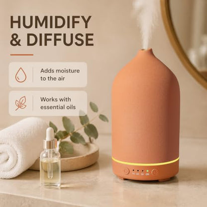 200ML Ceramic Essential Oil Diffuser for Home, Stone Diffuser | Ultrasonic Aromatherapy Diffuser & Air Humidifier for Bedroom, Office, Yoga, 7 LED Lights, Auto Shut-Off, 3 Timers, Brown - color: Brown