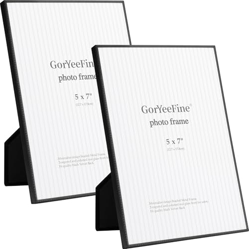 5x7'' Matte Black Metal Picture Frames 2Pack with HD-Tempered Glass - Minimalist Thin Edge with Beading Design, Velvet Back,Tabletop & Wall Mount - color: Black, size: 5x7''(2PK)
