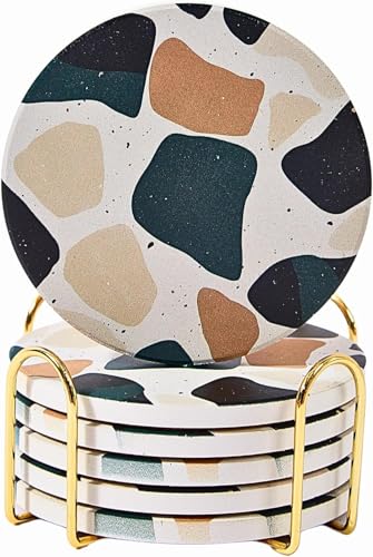 Terrazzo Coasters Set of 6, Colorful Boho Absorbent Ceramic Coasters | Speckled terrazzo drink coasters for coffee table & desk; moisture-absorbing stone, boho home decor, housewarming gift - color: Midnight