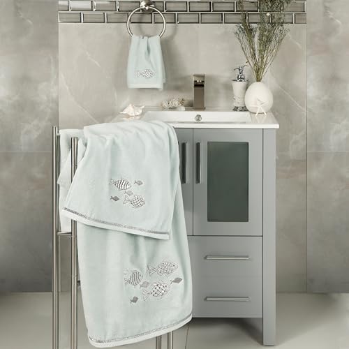 Treasure 4-Piece Premium Towel Set, Sparkling Applique Fish, Ultra Plush Turkish Cotton, Durable, Perfect for Bathroom, 2 Bath 2 Hand Towels, Aqua - color: Aqua, size: 2 Pcs Bath 2 Pcs Hand Towel