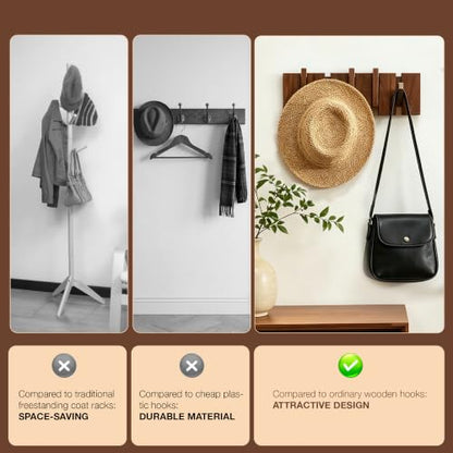 Coat Rack Wall Mount, Walnut 5 Flip-Down Picket Hanger Hooks for Entryway | Heavy Duty 5 Hook Wall Hanger for Coats, Hats, Keys, Bags, Space Saving Hallways Bedroom Bathroom Mounting, Hardware Included - size: 5 Hooks