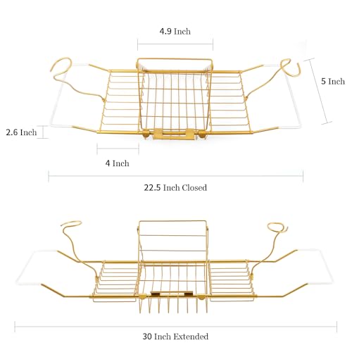 Bathtub Tray,Stainless Steel Shower Bathtub Caddy Tray with Removable Book Holder Red Wine Rack Holder, for Home Kitchen Bathroom,Gold