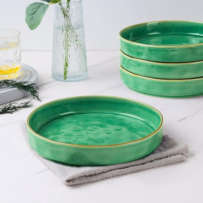 E-far Pasta Bowls Set of 4, 30oz Shallow Salad Bowls for Dinner Serving, 8.25" Stoneware Ceramic Bowl Plates for Noodle Soup, Microwave & Dishwasher Safe, Reactive Glaze, Green - color: Green