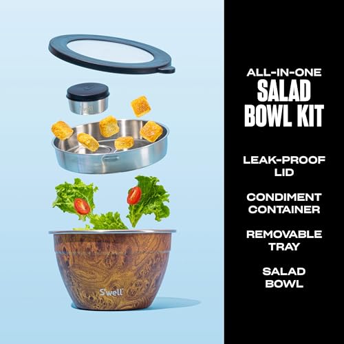 S’well Stainless Steel 64oz Salad Bowl Kit, Teakwood Finish, Includes 2oz Condiment Container and Removable Tray, Leak-Proof and Easy to Clean, Dishwasher Safe - color: Teakwood, size: 64oz