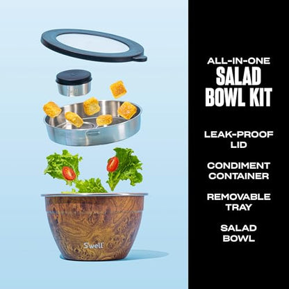S’well Stainless Steel 64oz Salad Bowl Kit, Teakwood Finish, Includes 2oz Condiment Container and Removable Tray, Leak-Proof and Easy to Clean, Dishwasher Safe - color: Teakwood, size: 64oz