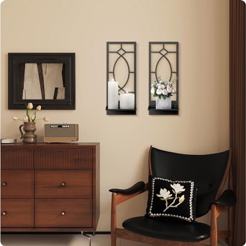 Candle Wall Sconces Set of 2, Black Metal Minimalism Wall Candle Holder for Living Room, Dining Room, Bedroom, Bathroom (2 Pack, 16.5 x 7 in) - color: Black Fashion