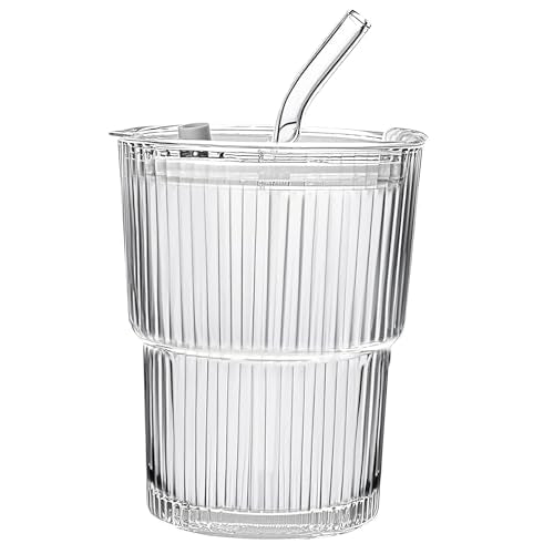 13oz/400ML Glass Tumbler with Straw and Lid Ribbed Vertical Ice Coffee Cups Sealed Carry on for Coffee Iced Tea, Thick Wall Glassware Tumbler Water Glass - color: 1Pack Clear-A