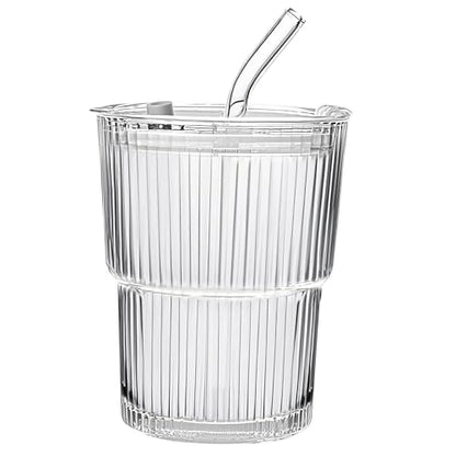 13oz/400ML Glass Tumbler with Straw and Lid Ribbed Vertical Ice Coffee Cups Sealed Carry on for Coffee Iced Tea, Thick Wall Glassware Tumbler Water Glass - color: 1Pack Clear-A