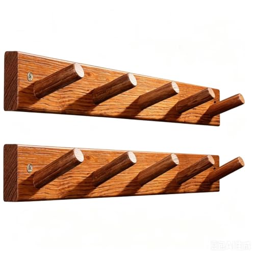 Natural Teak Wall-Mounted Coat Rack (Set of 2, 16'' Hole to Hole) - Farmhouse Entryway Hooks with 5 Wooden Hooks Each, Rustic for Bathroom, Mudroom 2P - color: Teak wood 1-2P