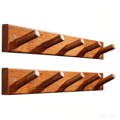 Natural Teak Wall-Mounted Coat Rack (Set of 2, 16'' Hole to Hole) - Farmhouse Entryway Hooks with 5 Wooden Hooks Each, Rustic for Bathroom, Mudroom 2P - color: Teak wood 1-2P