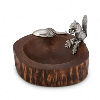 Standing Squirrel Nut Bowl with Pewter Acorn Scoop - Whimsical Mango Wood Dish for Serving Nuts - 8 Inch Diameter