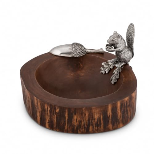 Standing Squirrel Nut Bowl with Pewter Acorn Scoop - Whimsical Mango Wood Dish for Serving Nuts - 8 Inch Diameter