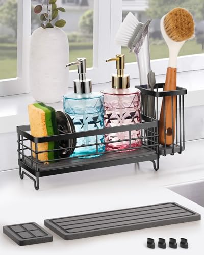 Kitchen Sink Caddy with 2 Water Absorbent Diatomite Stone Sink Tray, | Fast Drying Sink Organizer with High Dish Brush Holder, Sponge Holder for Kitchen Sink, for Countertop, Stainless Steel