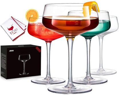 JBHO Martini Glasses, Crystal Coupe Glasses Set of 4, 10 Oz, Large and Fancy Cocktail Glasses, Hand-Blown Champagne Coupe Glasses for Espresso Martini, Manhattan as Bar Glassware or Mother's Gift