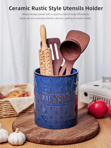 GDCZ Ceramic Utensil Holder 7 Inch, Utensil Crock for Countertop (Blue) | Large 7" Capacity, Sturdy Countertop Tool Organizer, Durable Ceramic, Embossed Utensils - color: Blue