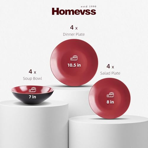 HomeVss Colors Life 12pc Dinnerware Set, Shiny Black and Matte Berry - color: Berry, size: 12pc Set