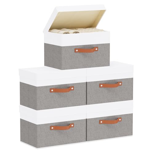 5 Pack Storage Bins with Lids, Linen Foldable Collapsible Boxes, 15 x 9.8 x 9.8 Inch Storage Baskets with Handles for Shelves, White and Grey - color: White/Grey, size: 15x9.8x9.8in(5-Pack)