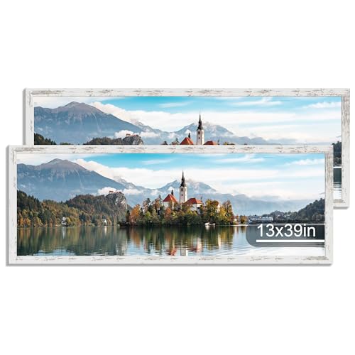 Hongkee 13x39 Puzzle Frame 2 Packs, Real Glass and Distressed White Wood Frame, Display Panoramic 13 x 39 Picture Frames - Horizontal or Vertical Wall Mounting - color: Distressed White, size: 13x39 in without mat