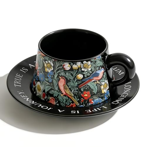 Ceramic Cup and Saucer Set, Luxurious Coffee/Tea Mug, Vintage Beautifully Printed Cups with Handle Practical Gifts for Women Housewarming/Birthday/New Year/Valentine's Day/Mother's Day, 8.8oz (Black) - color: Black