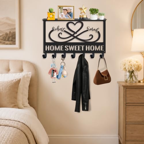 Personalized Metal Key Holder with Shelf, Coat Rack Wall Mount | Custom Names Heart Wall Key Holder with Shelf for Entryway Bedroom, Anniversary & Wedding Gift for Couples - color: Color 01