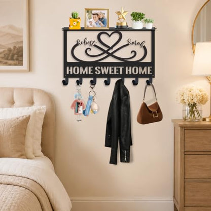 Personalized Metal Key Holder with Shelf, Coat Rack Wall Mount | Custom Names Heart Wall Key Holder with Shelf for Entryway Bedroom, Anniversary & Wedding Gift for Couples - color: Color 01