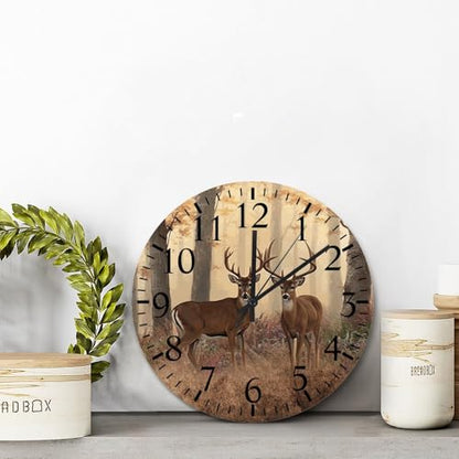 Deer Buck Wall Clock Jungle Deer 15 Inch Large Wall Clocks Battery Operated Silent Modern Boho Retirement Living Room Decor Gift for Man Woman Friend Anniversary