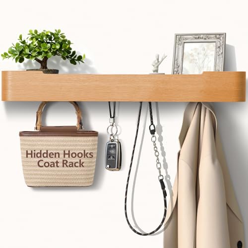 Coat Rack Wall Mount with Hidden Hooks Modern Key Holder Wood Entryway Hook with Shelf for Bedroom Kitchen Hallway Bathroom Designed for Hanging Coats Hats Bags Towels Dog Leashe(Oak,8 Hooks) - color: Oak, size: 8 Hooks