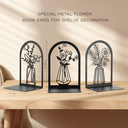 3 Pair Metal Bookends,Decorative Book Ends for Shelves,Non-Slip Book Stopper for Heavy Books,Flower Shelf Holder for Home School Office